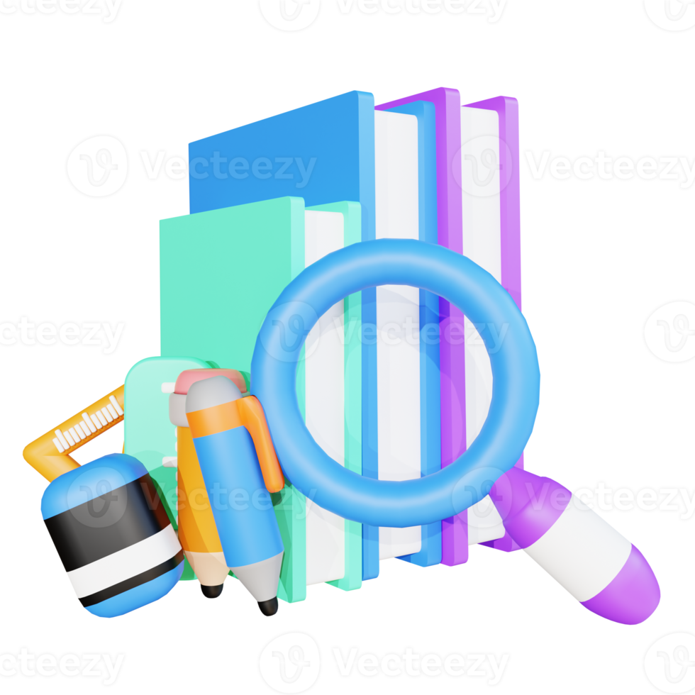 3d illustration bok förstoringsglas och penna för utbildning png