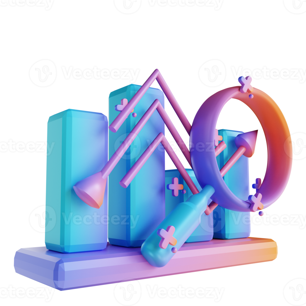 3D illustration colorful data graph rising and magnifying glass png