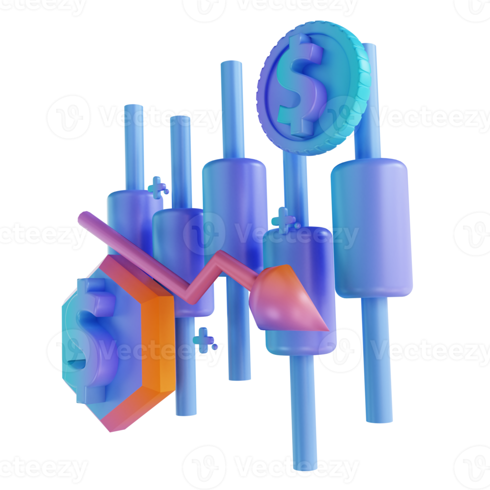 Illustration 3d graphique en chandelier coloré vers le bas de l'argent png