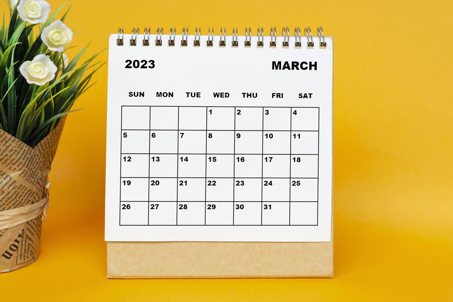 White March 2023 calendar with potted plant on yellow background. photo