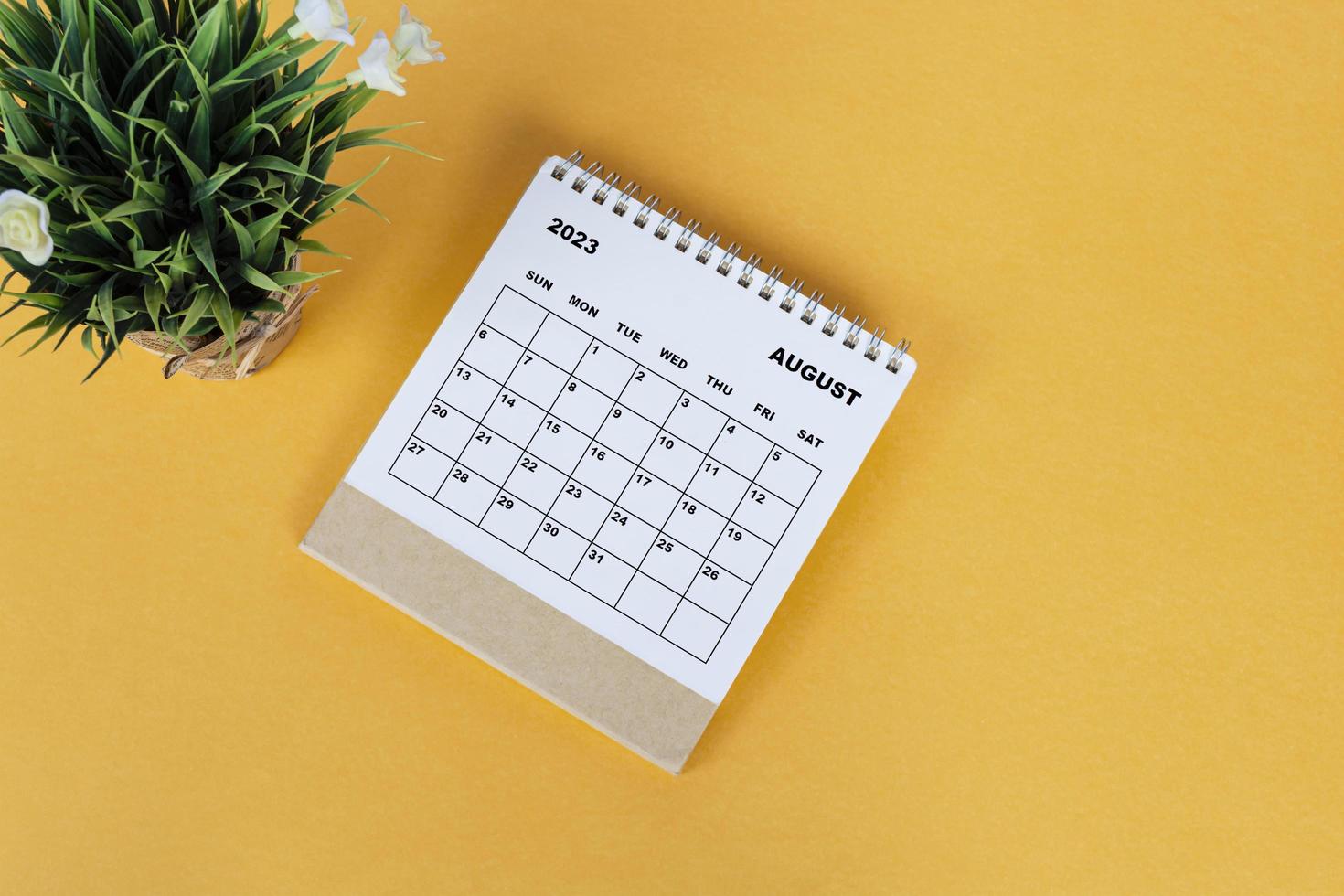 August 2023 desk calendar on yellow background. Directly above. Flat lay. photo