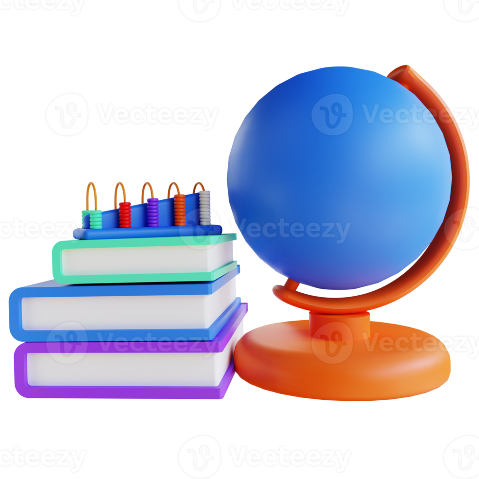 3D illustration globe book and abacus for education png