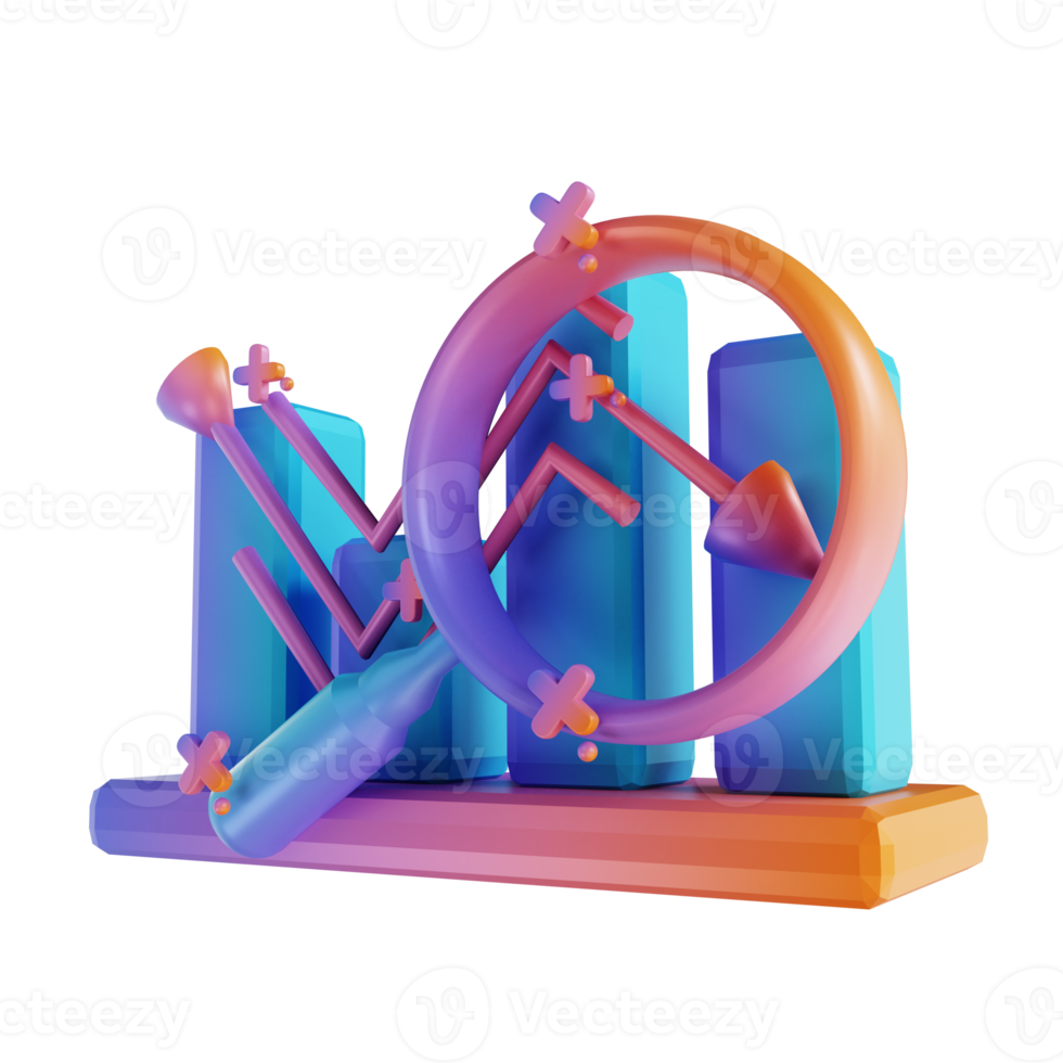 3D illustration colorful data graph descending and magnifying glass png