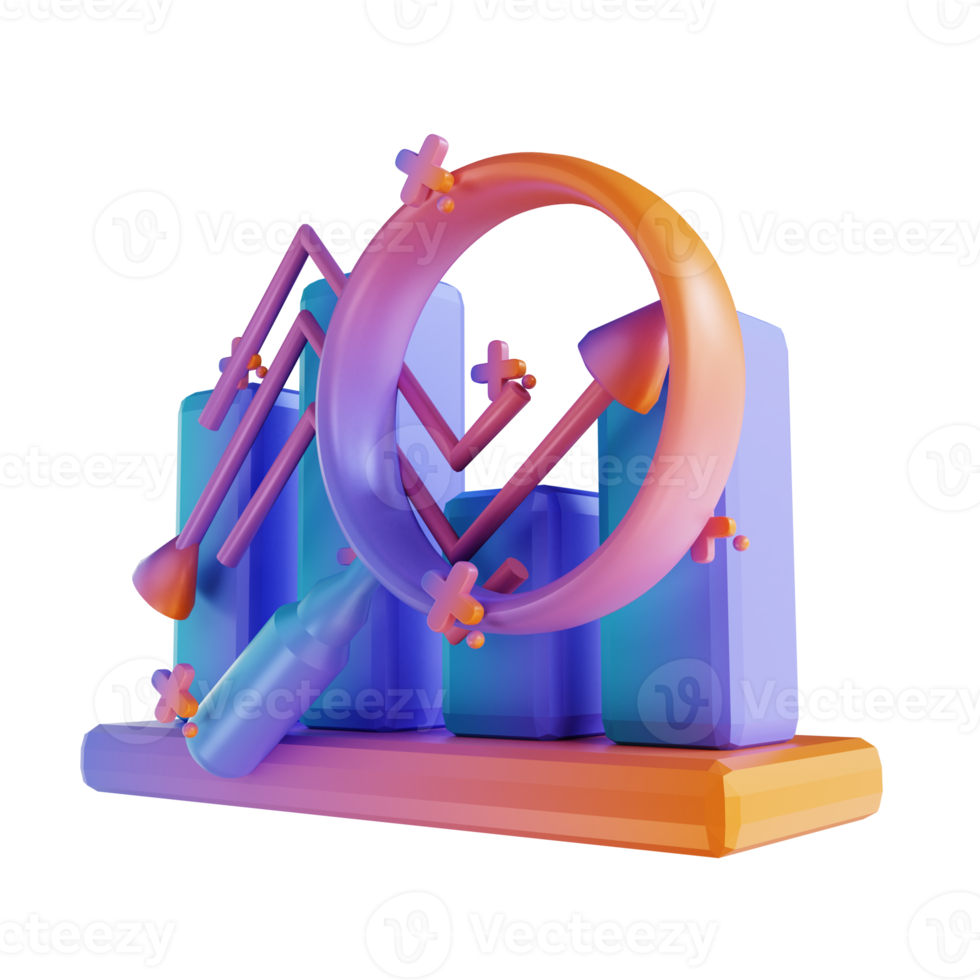3D illustration colorful data graph rising and magnifying glass png