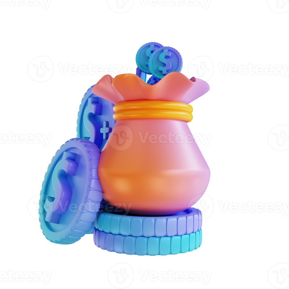3D illustration colorful money bag and pile of money png