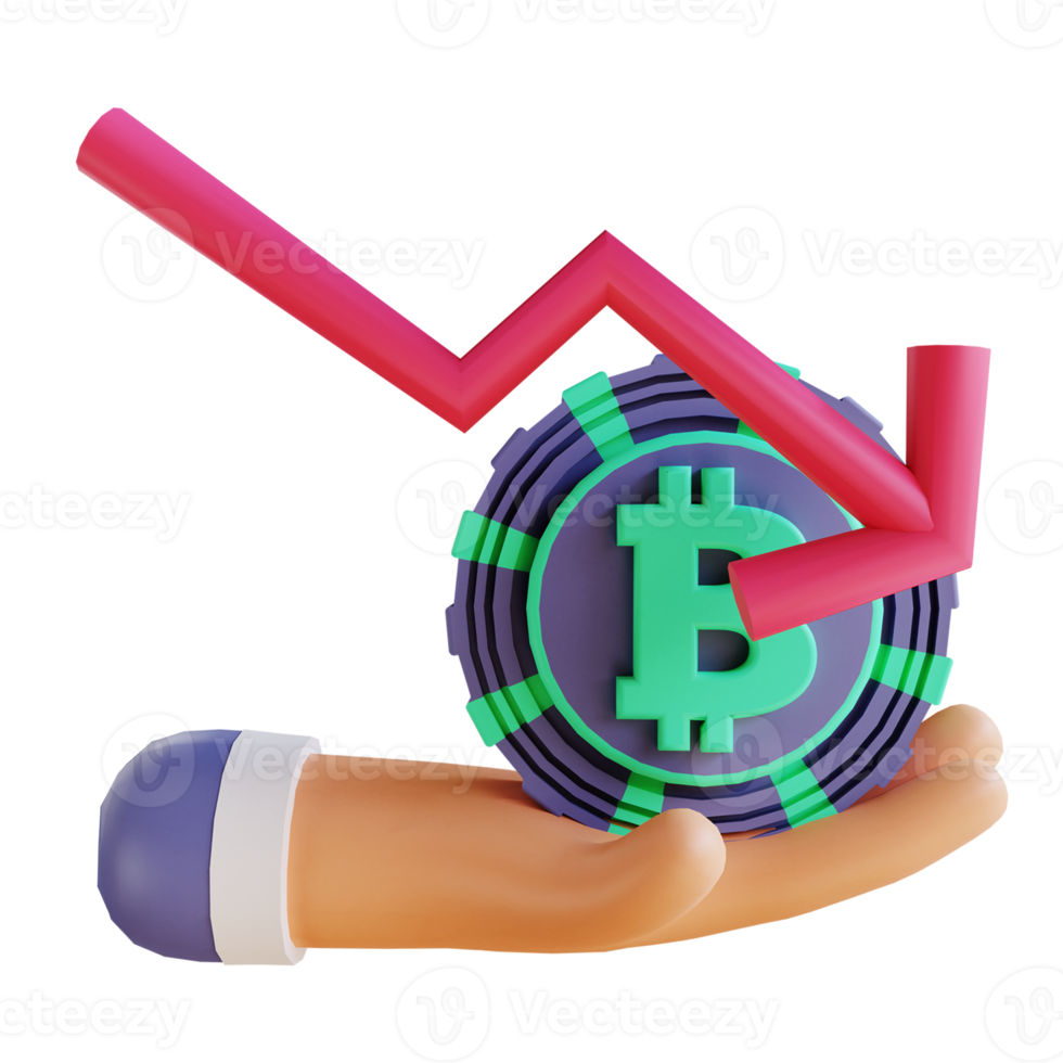 Tasa de bitcoin de ilustración 3d hacia abajo y mano 3 adecuada para criptomoneda png