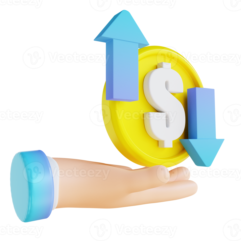 illustrazione 3d mano e moneta in alto verso il basso png