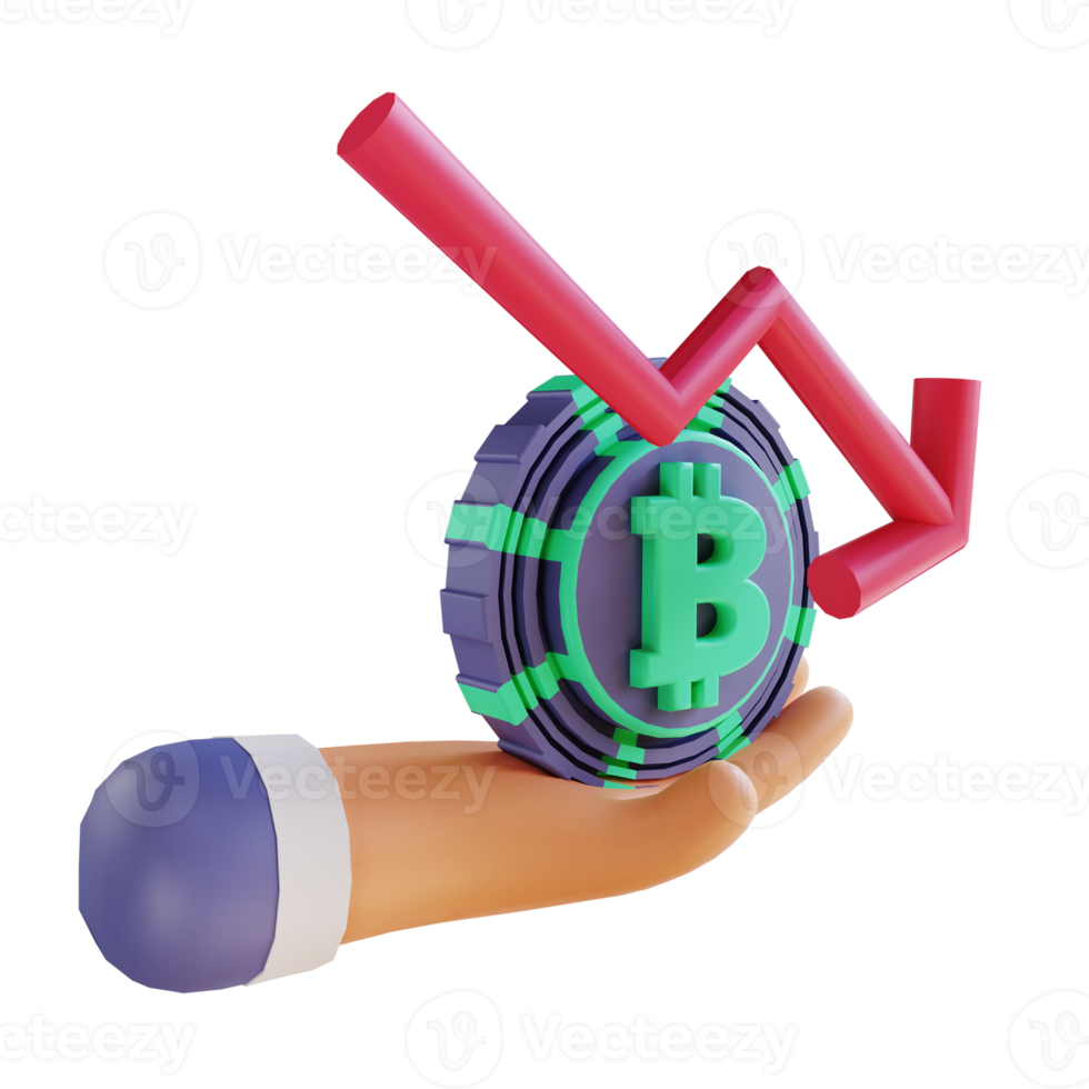 Illustration 3d du taux de bitcoin vers le bas et de la main 2 adaptée à la crypto-monnaie png