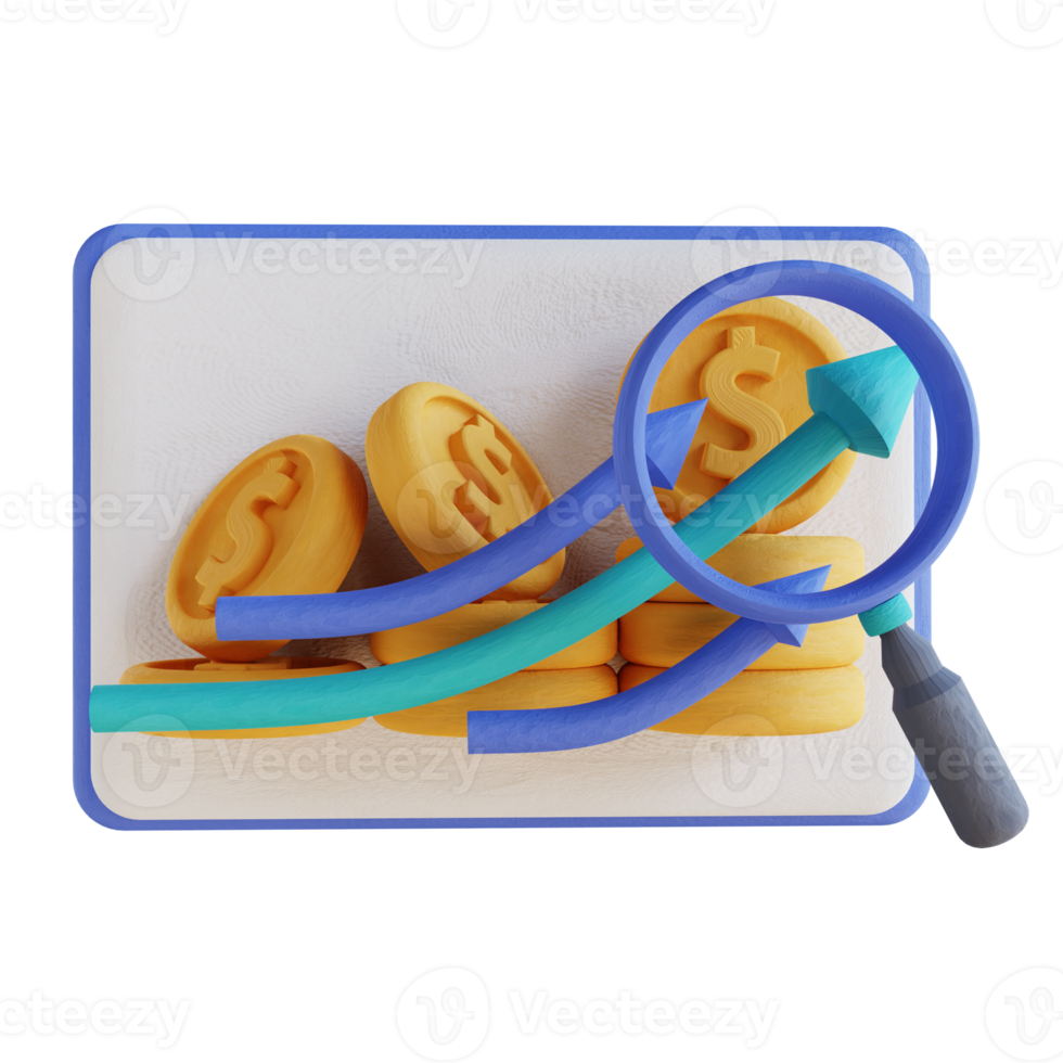 3D illustration magnifying glass and money graph up presentation png