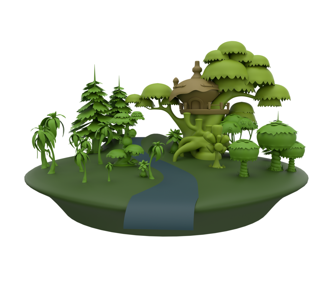 fantasy floating island with mountains, trees and street on green grass 3d illustration of flying land with beautiful land scape. png