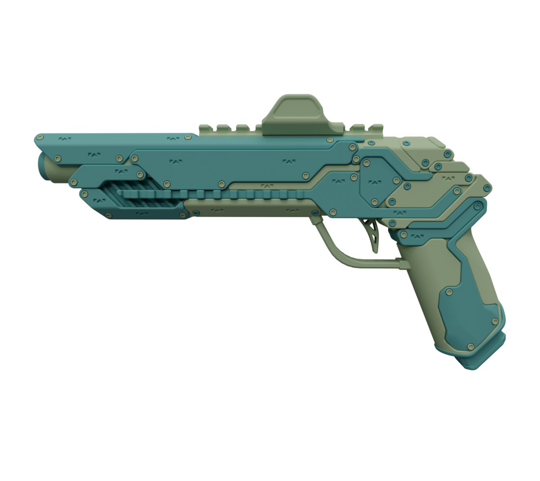 3d ilustración de arma futurista de ciencia ficción, pistola láser de alta tecnología de ciencia ficción con silueta. png