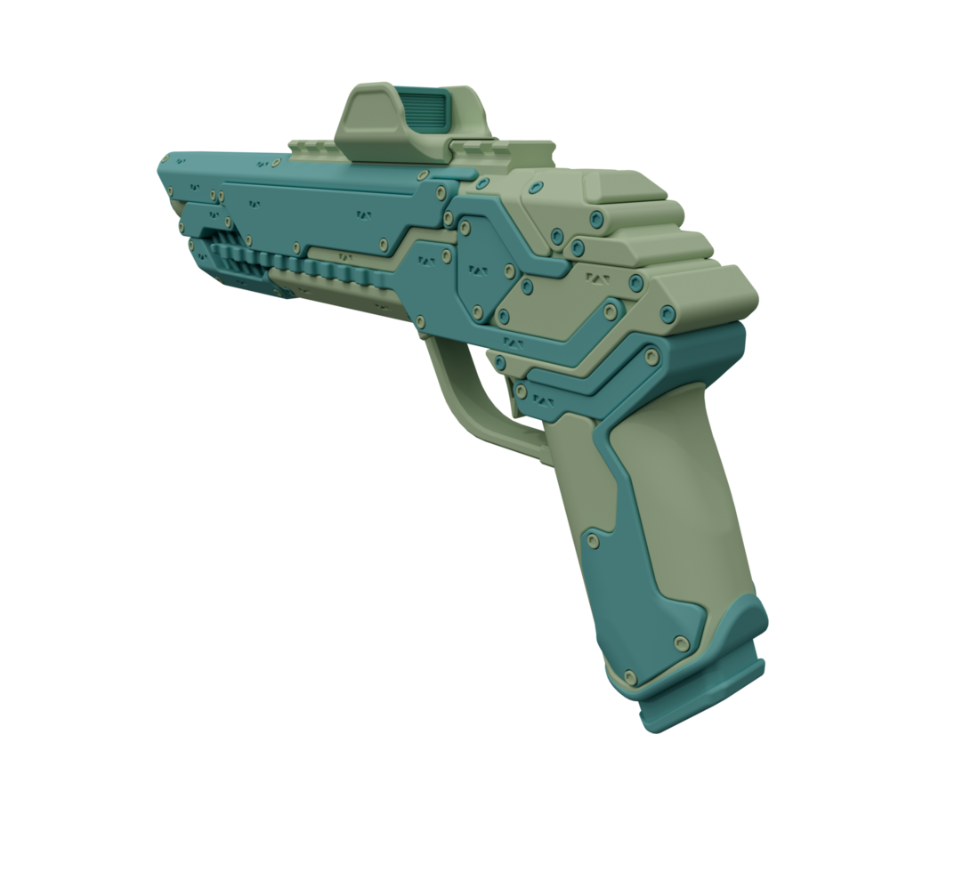 3D-illustration av sci-fi futuristiskt vapen, science fiction högteknologisk laserpistol med siluett. png