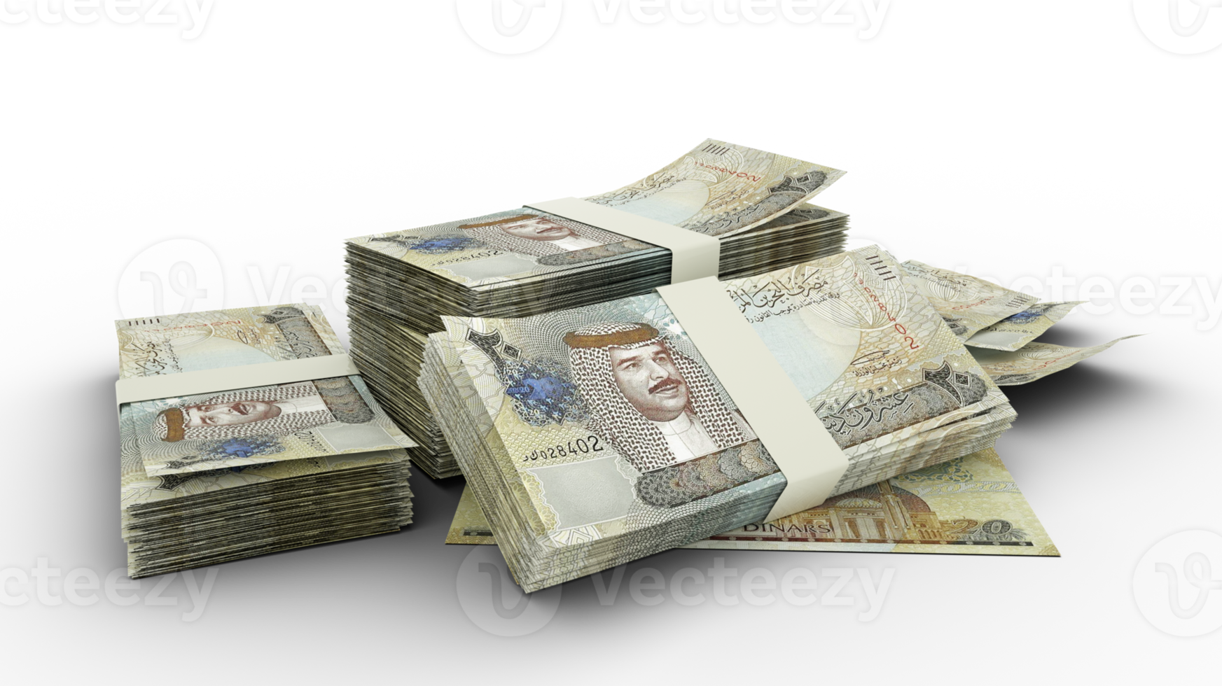 3D Stack of Bahrain Dinar notes isolated on transparent background, png transparency