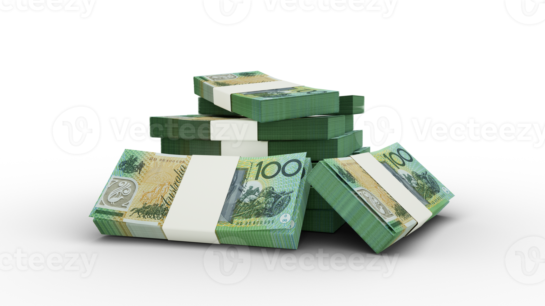 Rendering 3D di una pila di 100 banconote in dollari australiani. fasci di banconote australiane isolate su sfondo trasparente, trasparenza png