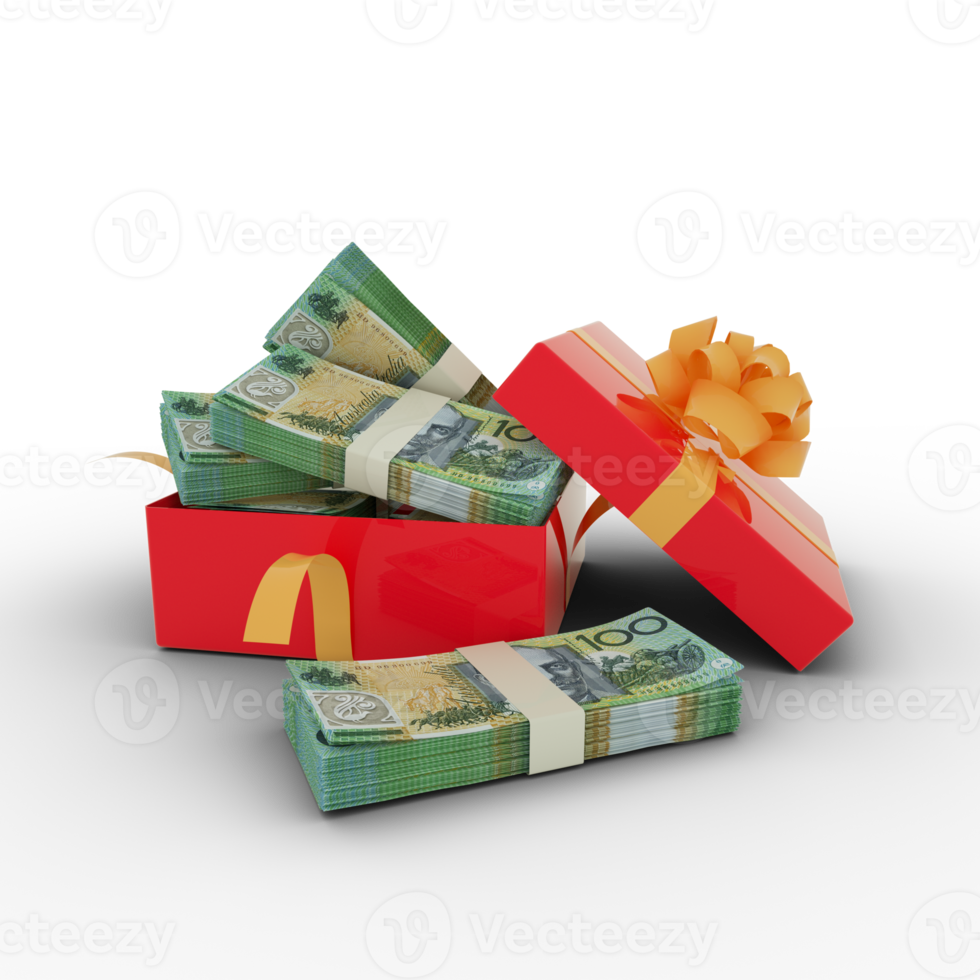 Stack of 100 Australian dollar notes inside an open red gift box. Bundles of Australian dollars inside a gift box. 3d rendering of money inside box isolated on transparent background, png transparency