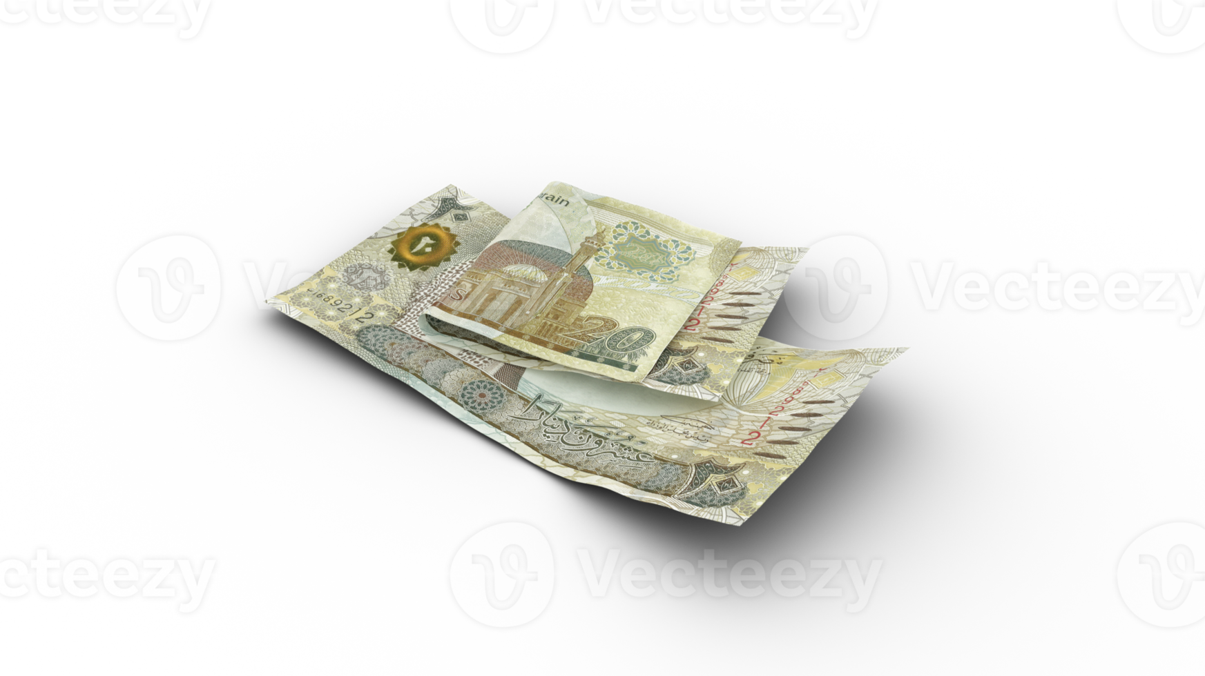 3D rendering of Double 20 Bahrain dinar notes with shadows isolated on transparent background, png transparency