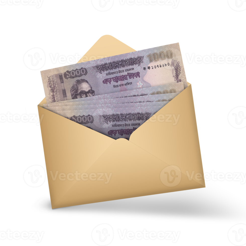 1000 Bangladeshi taka notes inside an open brown envelope. 3D illustration of money in an open envelope isolated on transparent background, png transparency