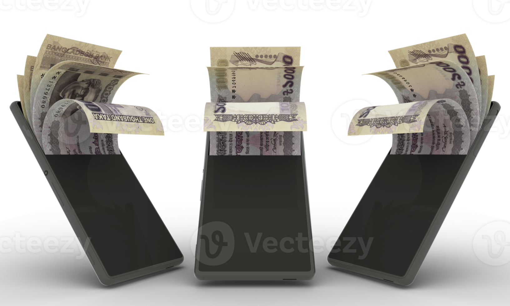 Bangladeshi taka notes inside a mobile phone. 3d rendering of set of mobile money transaction concept. money from Phone. isolated on transparent background, png transparency