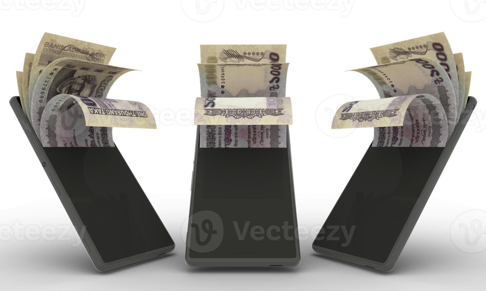 Bengalese taka-notities in een mobiele telefoon. 3D-weergave van set van mobiele geldtransactie concept. geld van telefoon. geïsoleerd op transparante achtergrond, png transparantie