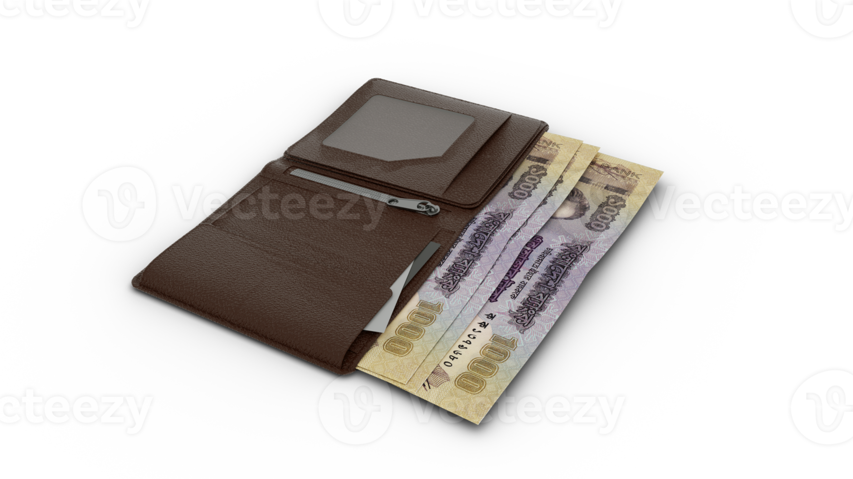 3D rendering of 1000 Bangladeshi taka notes in wallet isolated on transparent background, png transparency