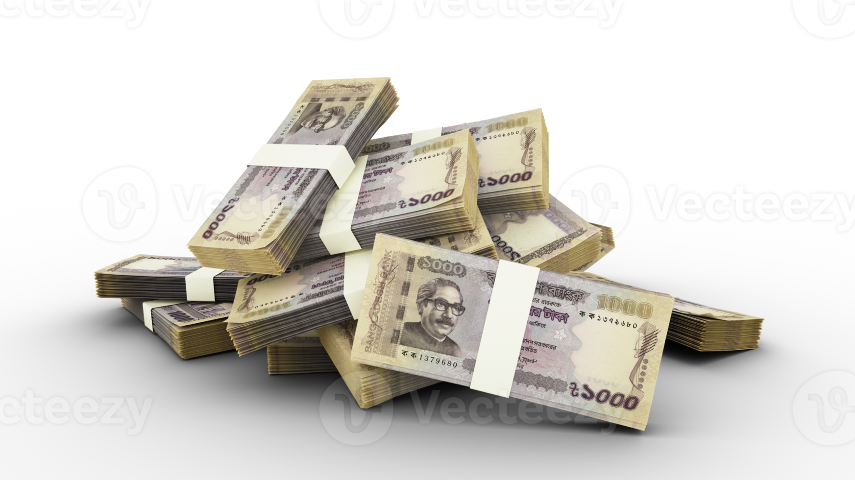 3D Stack of 1000 Bangladeshi taka notes isolated on transparent background, png transparency