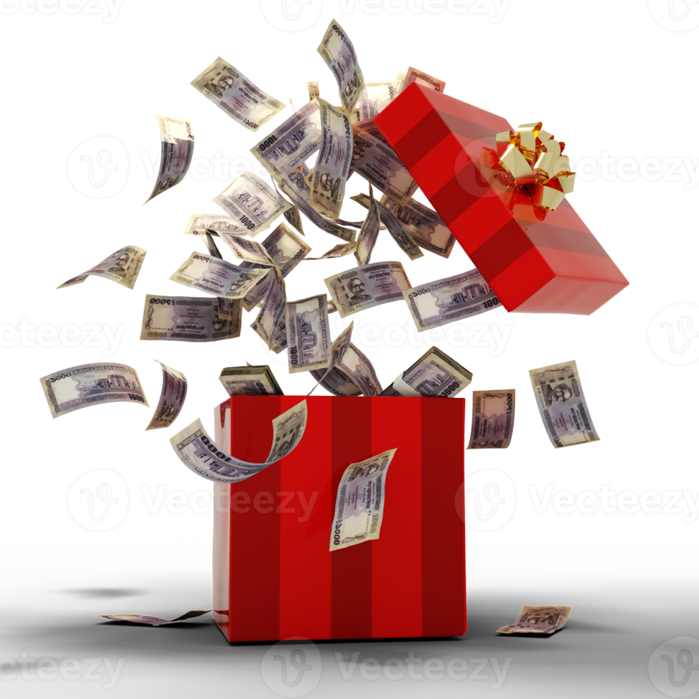 3D rendering of A lot of 1000 Bangladeshi taka notes coming out of an opened red gift box, isolated on transparent background, png transparency