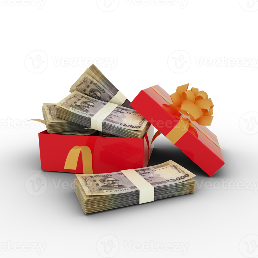 Stack of 1000 Bangladeshi taka notes inside an open red gift box. Bundles of Bangladeshi taka inside a gift box. 3d rendering of money inside box. isolated on transparent background, png transparency