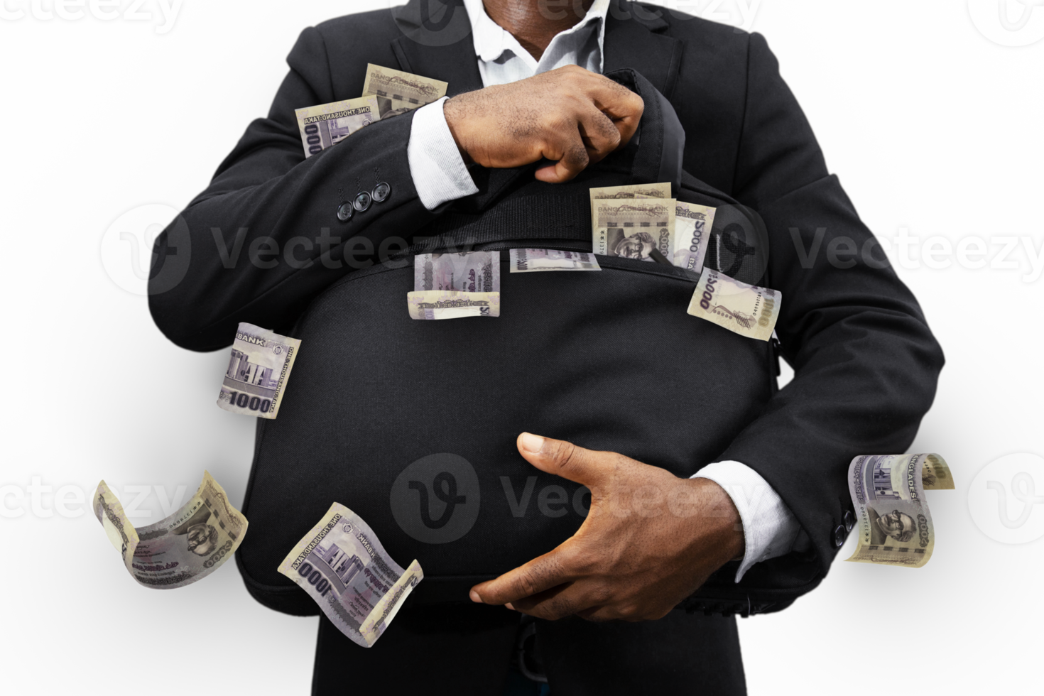 Businessman holding black bag full of 1000 Bangladeshi taka notes isolated on transparent background, png transparency, money falling from bag