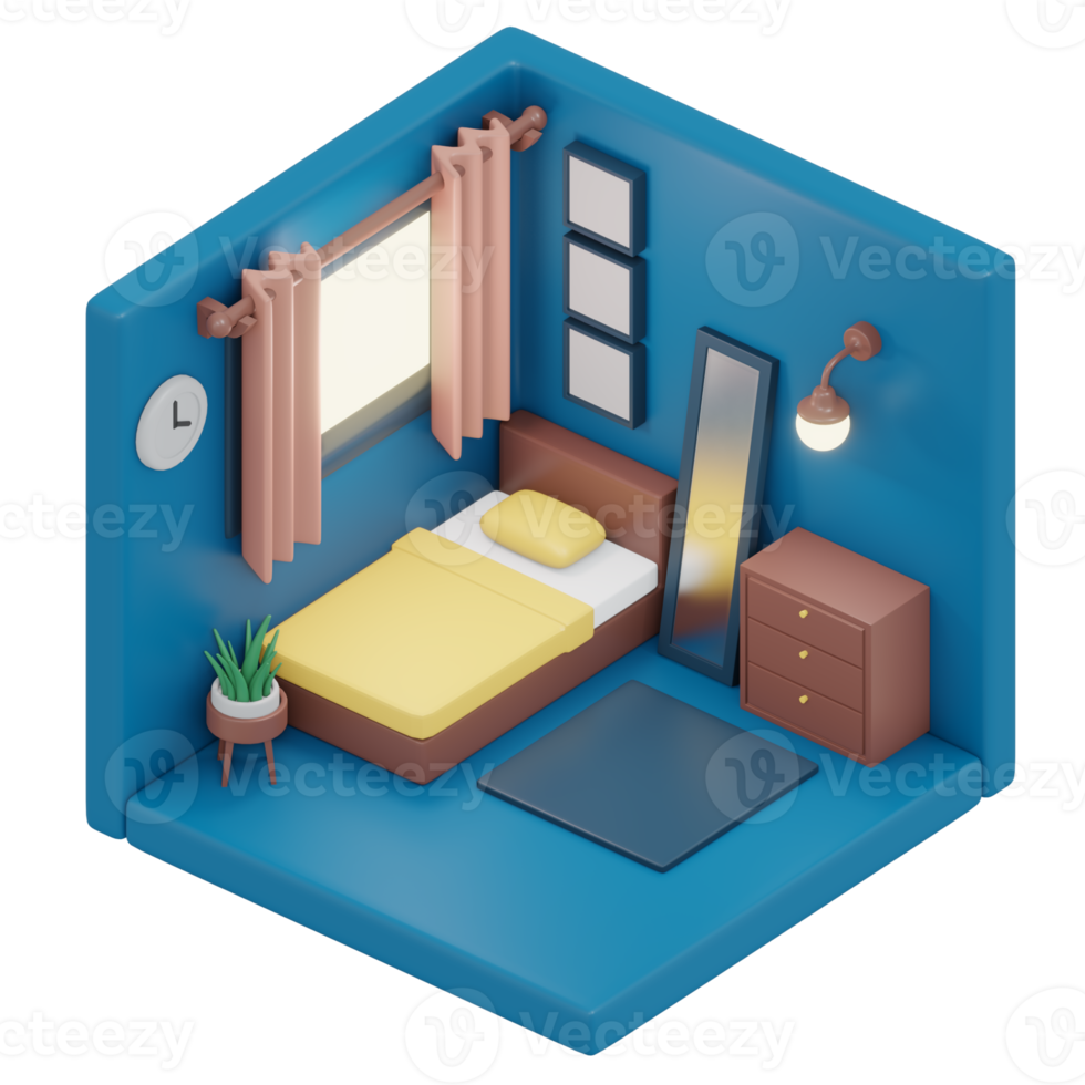 Interior moderm bedroom isometric view 3d render png