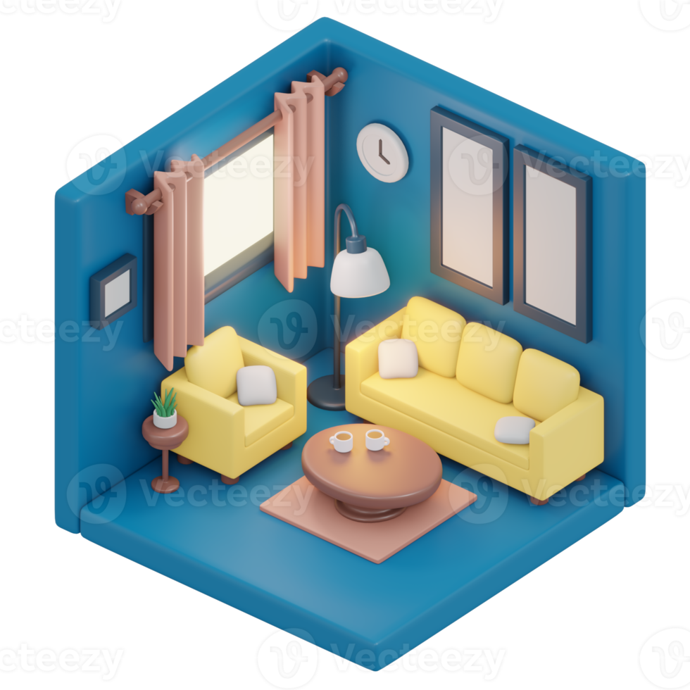 Interior moderm living room isometric view 3d render png