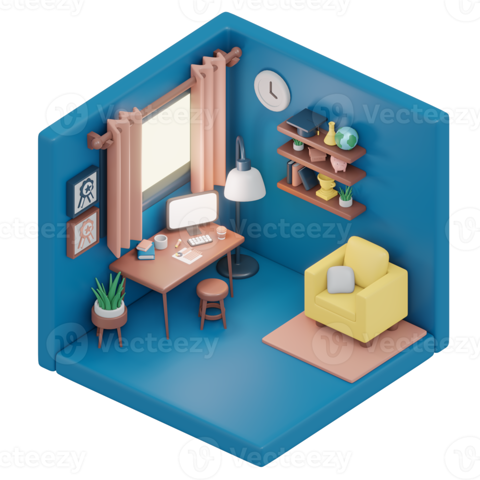 Interior work study furniture room isometric view 3d render png