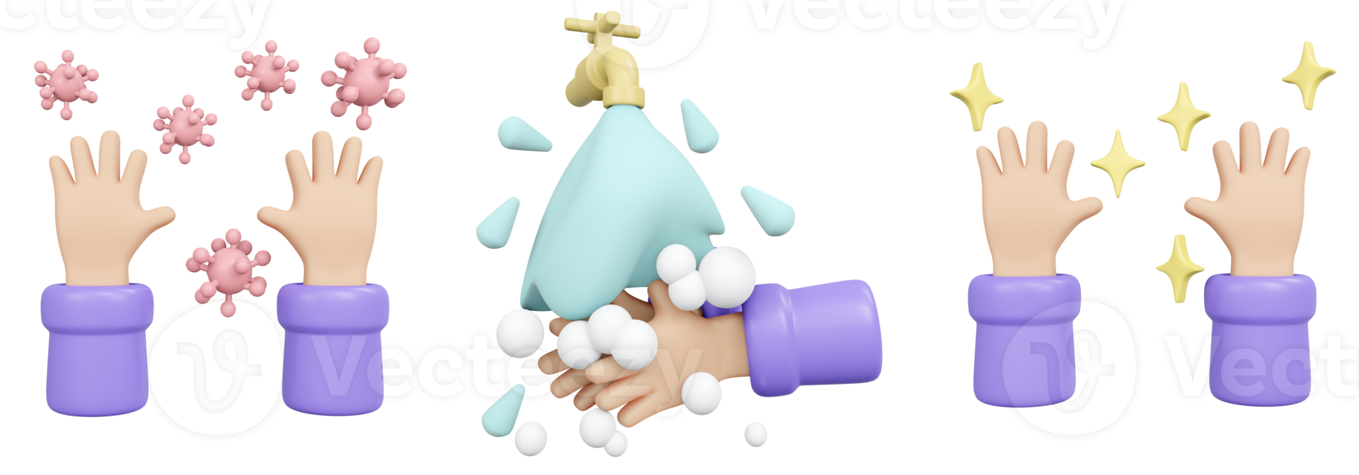 Washing hand with water and soap steps 3d render png