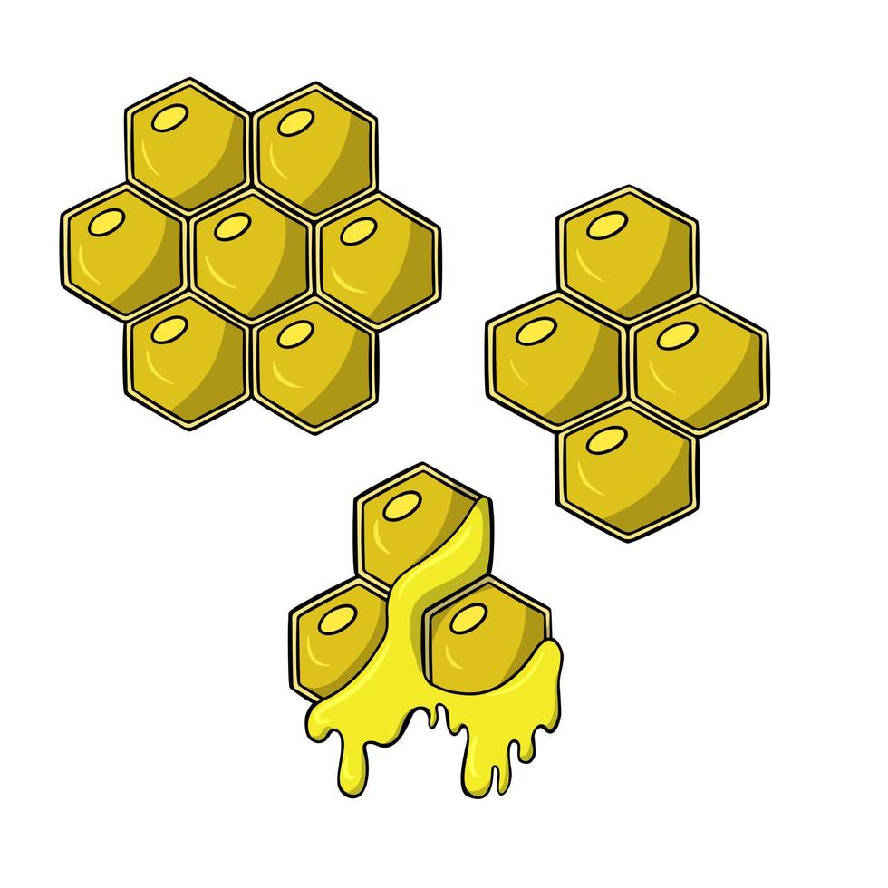 A set of different Bright yellow honeycombs with bee honey, vector illustration in cartoon style on a white background