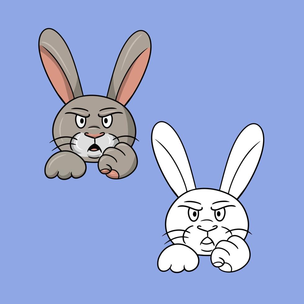 Set of picture, Angry rabbit shows fist, vector illustration in cartoon style on colored background