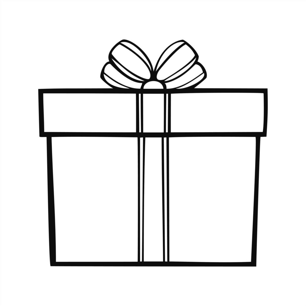 Square gift box with festive ribbon, vector monochrome illustration on