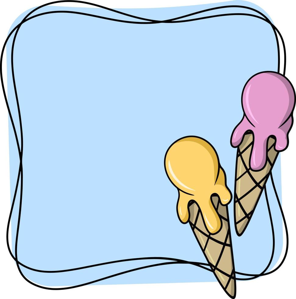 marco cuadrado azul, postre frío, bolas de helado de frutas en un cono de gofre, espacio de copia de banner, ilustración vectorial en estilo de dibujos animados vector