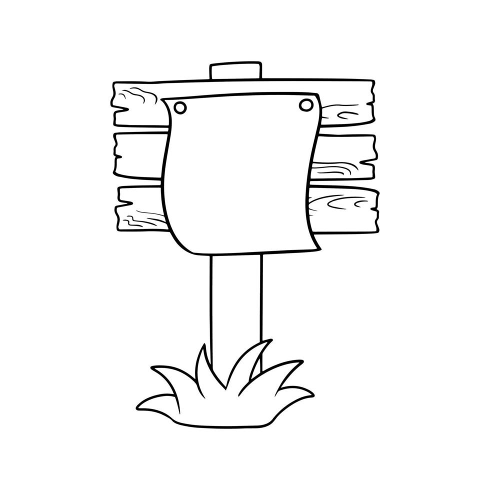 Monochrome picture, ad, sheet of paper pinned to an old wooden sign on a pole, vector illustration in cartoon style on a white background