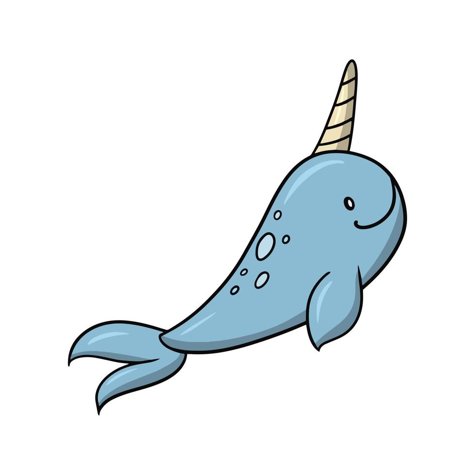 Sea life, cute narwhal, vector illustration in cartoon style on white background