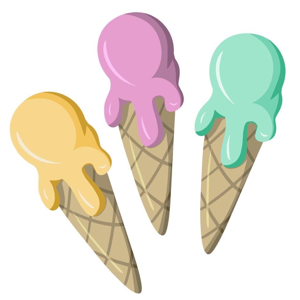 Set of Fruit ice cream in a waffle cup, cone, sweet cold dessert, cartoon vector illustration , flat