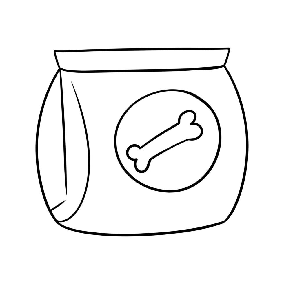 Monochrome picture, Dog food packaging, closed packaging with a dog toy, vector illustration in cartoon style on a white background