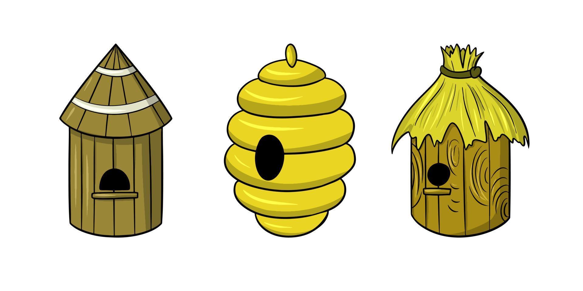 A set of colored pictures, bee houses, honey collection, vector illustration in cartoon style on a white background