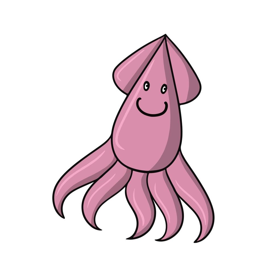 Cute pink squid, marine life, cartoon-style vector illustration on a white background