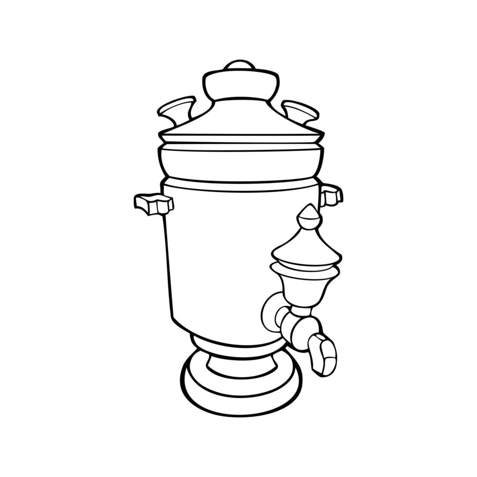 Monochrome picture, metal samovar for tea drinking, vector illustration on a white background