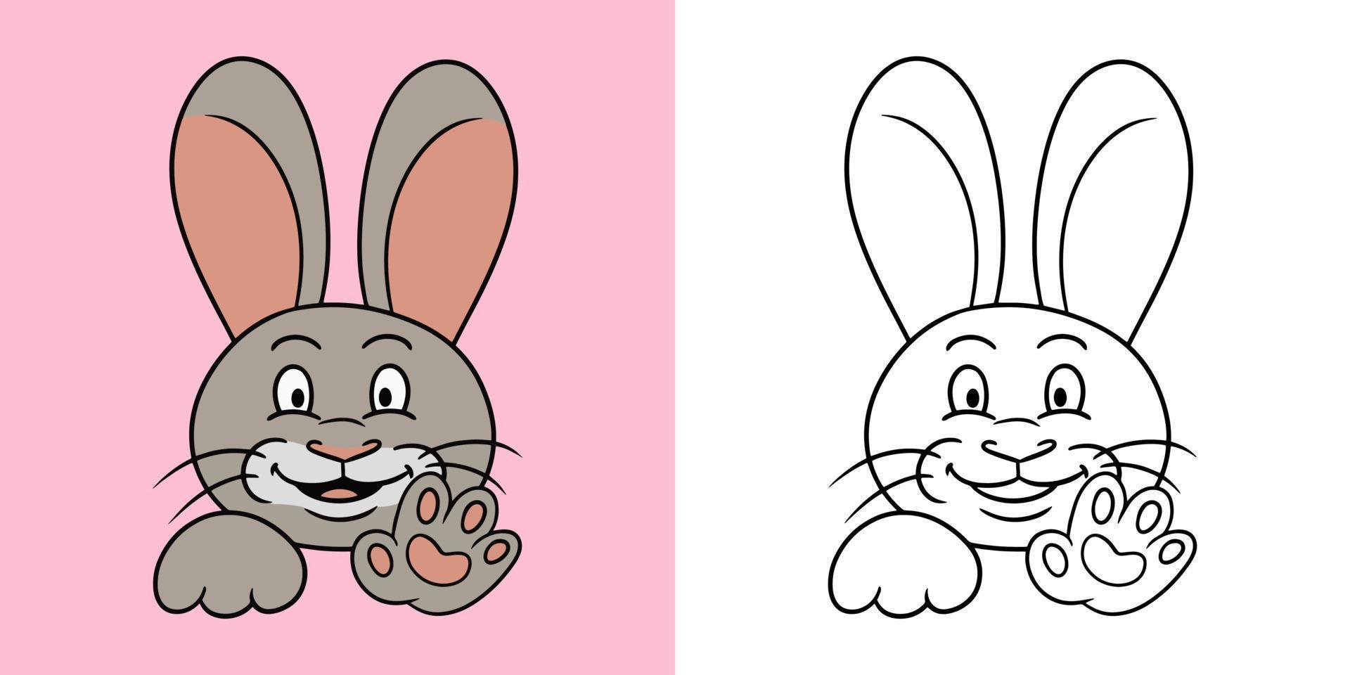 conjunto horizontal de imágenes, divertido conejo lindo sonriendo y agitando su pata, ilustración vectorial en estilo de dibujos animados, libro de colorear vector