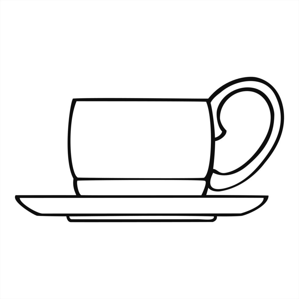 Monochrome picture, decorative ceramic cup and saucer, side view, vector illustration on white background