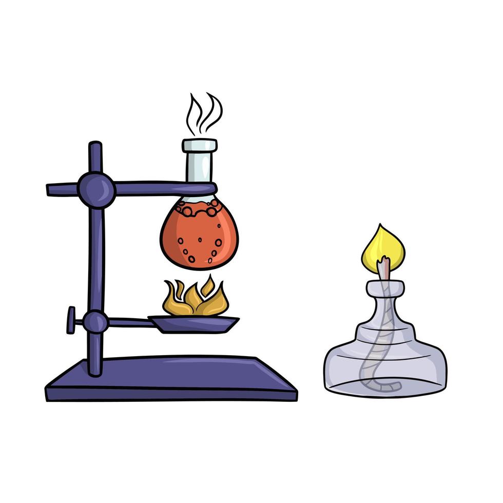 A set for chemical experiments with liquid heating, a glass flask with boiling liquid, a vector illustration in cartoon style on a white background