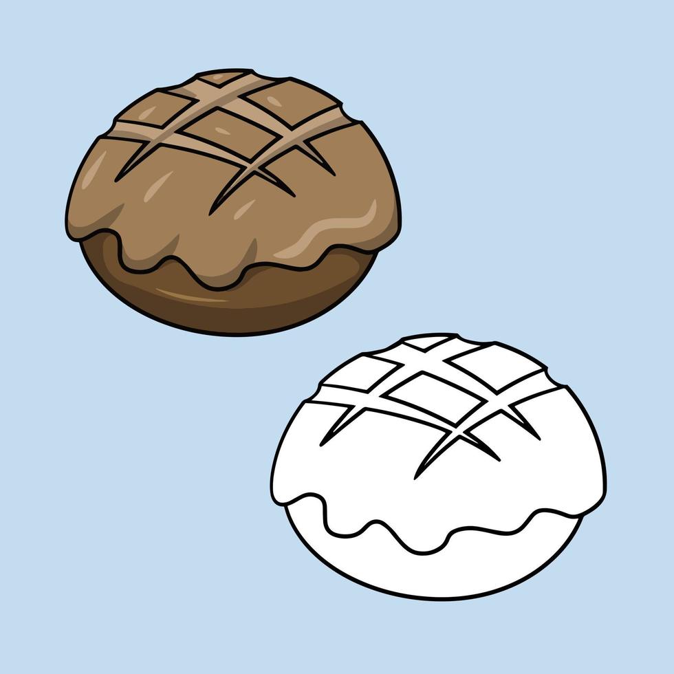 A set of pictures, Delicious baked pie with filling, round bread, vector illustration in cartoon style on a colored background