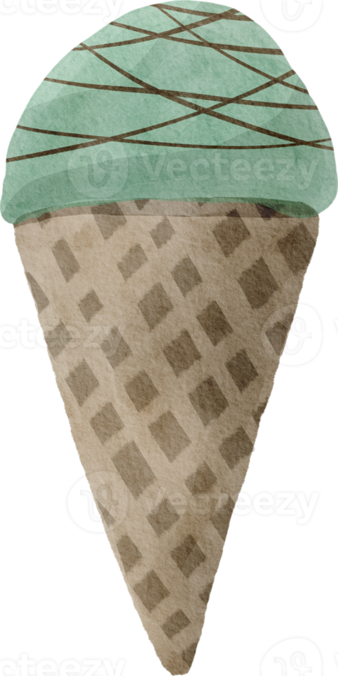 Watercolor ice cream in waffle cone png