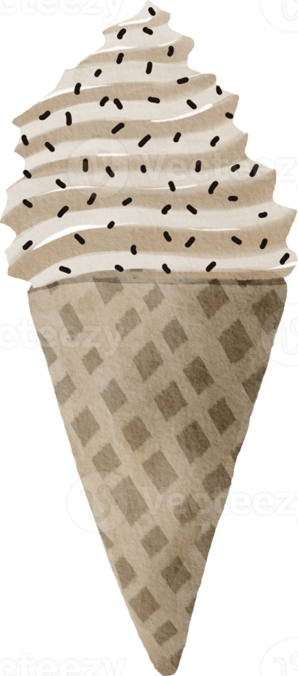 Watercolor ice cream in waffle cone png