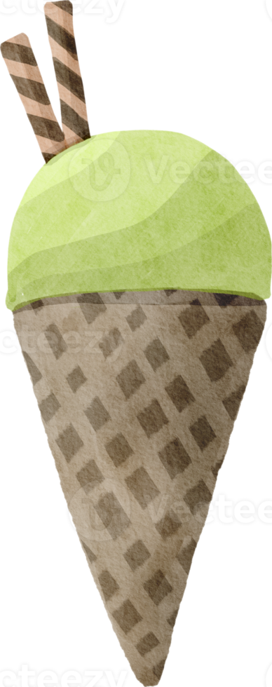 Watercolor ice cream in waffle cone png